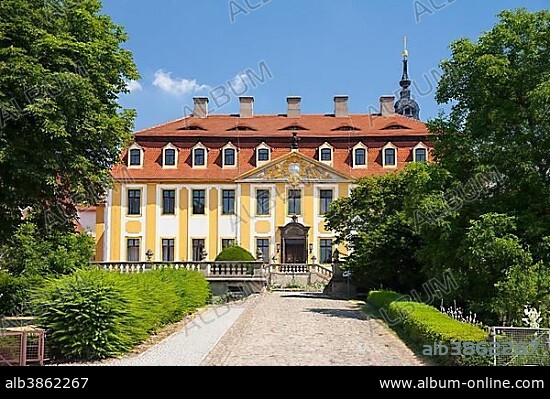 Schloss Seußlitz castle in Diesbar-Seußlitz, main entrance, Meissen, Saxony, Germany, Europe.