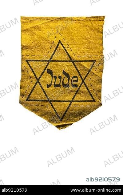 German Jewish badge showing yellow star saying Jude against white background.