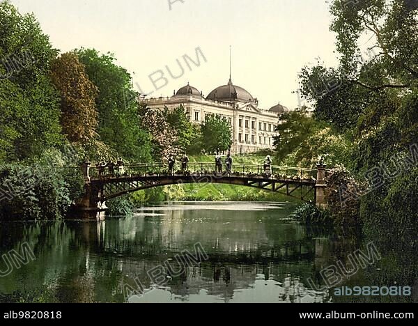 Botanical Garden with Customs Building and Alter Stadtgraben of Hamburg; Germany; Historic; digitally restored reproduction of a photochrome print from the 1890s; Europe.