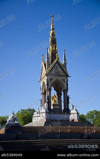 Albert Memorial and gold statue near Royal Albert Hall, London, United Kingdom, Europe.