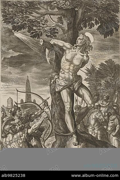 The Torture of Saint Sebastian; Sebastiano has been venerated as a martyr and saint in the Catholic and Orthodox churches since the 4th century; Historical; digitally restored reproduction from a 19th century original.