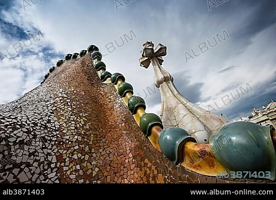 Roof and chimney, Casa Batlló, designed by architect Antoni Gaudi, Barcelona, Catalonia, Spain, Europe.