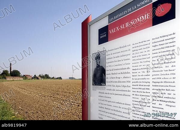 Information panel near the crash site of the Red Baron; the German First World War One ace fighter pilot Manfred von Richthofen at Vaux-sur-Somme; France; Europe.