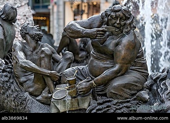 JÜRGEN WEBER. Gluttony and intemperance, the cake-eating wife, Hans-Sachs-Fountain by Jürgen Weber, Weißer Turm, historic centre, Nuremberg, Middle Franconia, Franconia, Bavaria, Germany, Europe.