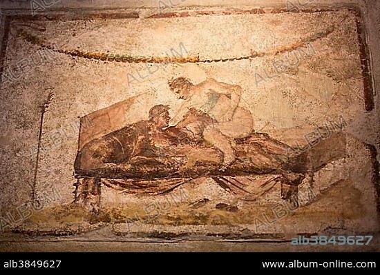 Erotic mural in the ancient brothel of Africanus, Pompeii, Campania, Italy, Europe.