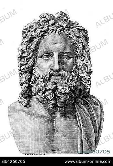 The antique marble bust of Zeus of Otricoli, Vatican in Rome, woodcut, Italy, Europe.
