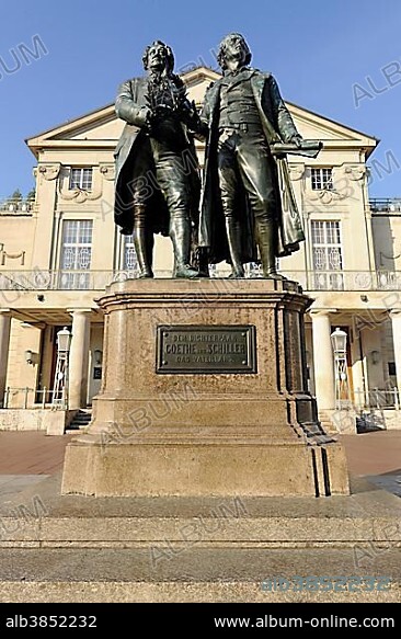 Goethe-Schiller Monument and German National Theatre, Weimar, Thuringia, Germany, Europe.