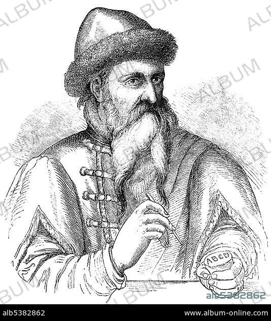 Historical drawing from the 19th Century, portrait of Johannes Gutenberg or Johannes Gensfleisch zur Laden zum Gutenberg, circa 1400-1468, inventor of mechanical movable type printing, printing letters and the printing press.