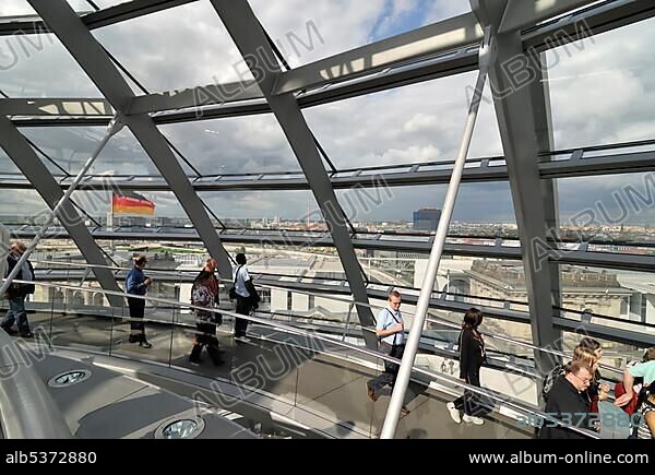 Inside the glass dome of the Reichstag building in Berlin, Germany, Europe.