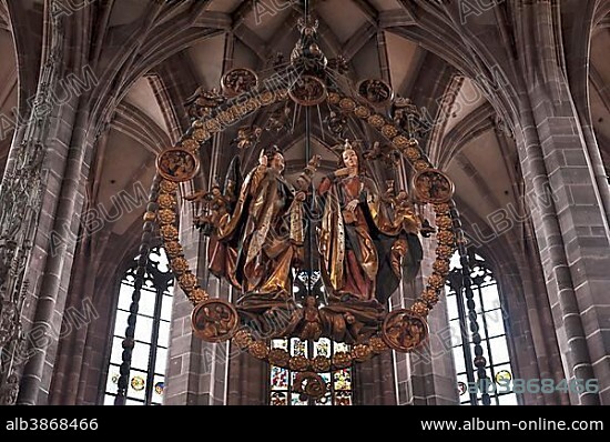 English greeting by Veit Stoss, Lorenzkirche, Nuremberg, Middle Franconia, Bavaria, Germany, Europe.
