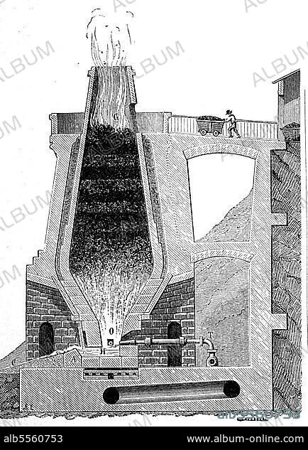 Ein Hochofen zur Eisenschmelze, Eisenindustrie, England, im Jahre 1883, Historisch, digital restaurierte Reproduktion einer Originalvorlage aus dem 19. Jahrhundert.