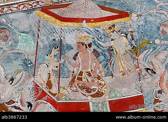 Man under a baldachin, mural or fresco painted with natural colours, Badal Mahal or Cloud Palace, Bundikalam school of painting, Taragarh Fort, Bundi, Rajasthan, India, Asia.
