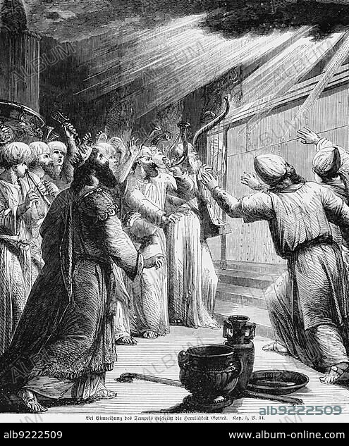 At the dedication of the temple, the glory of God appears, glorious, crowd, clouds, dark, sky, rays, trumpets, interior, priest, Bible, Old Testament, Second Book of Chronicles, chapter 5, verse 14, historical illustration circa 1850.
