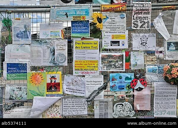Information and protest flyers, protest against the Stuttgart 21 project outside Stuttgart's main railway station, north wing, Stuttgart, Baden-Wuerttemberg, Germany, Europe, PublicGround, Europe.