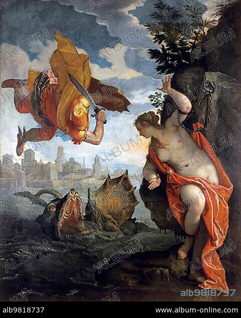 Andromeda; in Greek mythology the wife of Perseus and the daughter of the Ethiopian king Cepheus. To atone for her mother's hubris; Andromeda is to be offered as a human sacrifice to a sea monster of Poseidon and is chained to a rock; and freed by Perseus; Historical; digitally restored reproduction from a 19th century original.