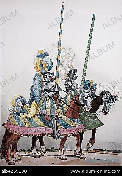 Fashion, clothes, knights armor, German tournament costumes around 1500-1515, knights ride to a rider combat in magnificent tournament costumes, illustration, Germany, Europe.