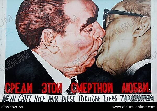 Dimitrij Vrubel, Fraternal kiss between Leonid Brezhnev and Erich Honecker, East Side Gallery, Berlin Wall art, Germany, Europe.