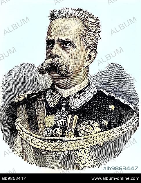 Umberto I, full name Umberto Rainerio Carlo Emanuele Giovanni Maria Ferdinando Eugenio di Savoia, 14 March 1844, 29 July 1900, descended from the House of Savoy and was King of Italy from 1878 to 1900, digital improved reproduction of an original 19th century print.