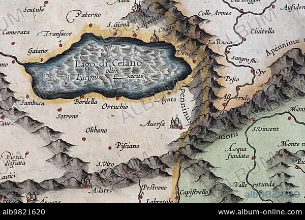 Lago di Celano; Campagna di Roma; detail from hand-coloured copper engraving; Gerard Mercator; 1623; Italy; Europe.