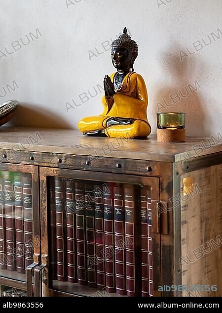 Books and encyclopaedias in old glass case with metal, Buddha figure on bookcase.