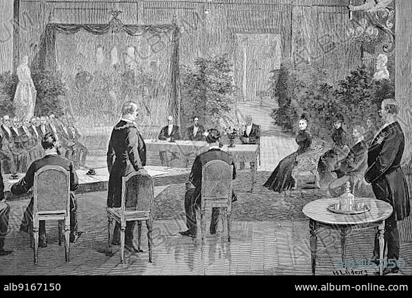 Augusta Victoria of Schleswig-Holstein, Auguste Viktoria Friederike Luise Feodora Jenny, 1858 to 1921, was the last German Empress and Queen of Prussia, here at a meeting of the Central Committee in support of the victims of the flood, Historical, digitally restored reproduction of a 19th century original.