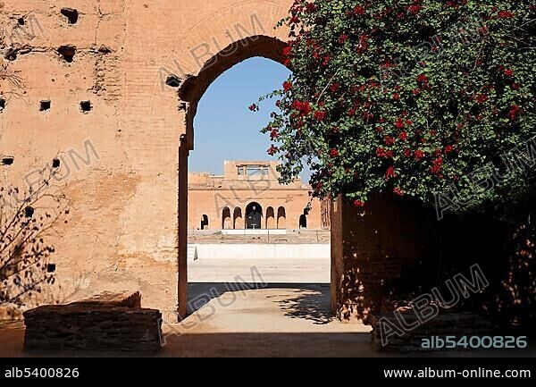 Ruins of Palais El Badi, view through a archway, Marrakech, Morocco, Africa.