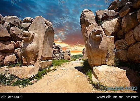 Relief sculpture on the Lion gate to the Hittite capital Hattusa, UNESCO World Heritage, Turkey, Asia.