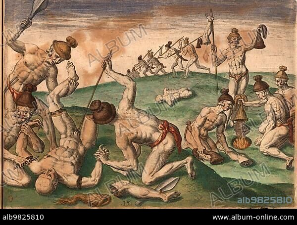 Scene from the aftermath of the war. Native Americans scalp fallen enemies; dry the scalps over a fire and mutilate the corpses. Includes war clubs; arrows and knives; Historic; digitally restored reproduction of an original from the period.