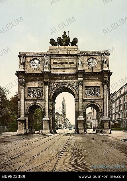 The Siegestor in Munich; Bavaria; Germany; Historical; Photochrome print from the 1890s; Europe.