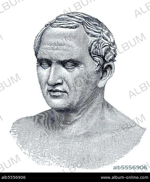 Marcus Tullius Cicero, 3. Januar 106 v. Chr. 7. Dezember 43 v. war ein römischer Politiker, Jurist, Schriftsteller und Philosoph, der berühmteste Redner Roms und Konsul im Jahr 63 v. antike Marmorbüste im Vatikanischen Museum in Rom, Italien, digitale verbesserte Reproduktion eines Originaldrucks aus dem 19. Jahrhundert.