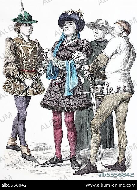 Folk traditional costume, clothing, history of costumes, men, Burgundy, France, 1450, digitally restored reproduction of a 19th century original, exact date unknown, Europe.