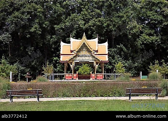 Sala Thai Pavilion, Thai temple in the spa gardens of Bad Homburg, Hesse, Germany, Europe.