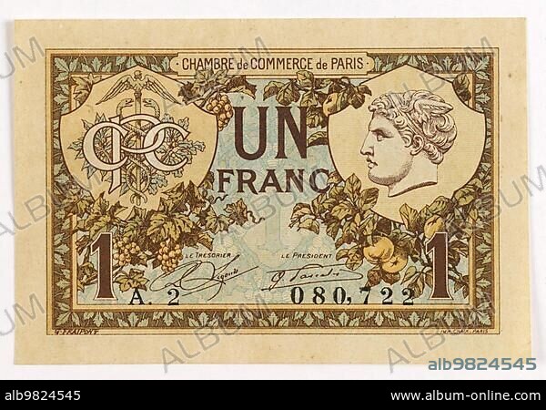 Emergency money; inflation; banknote of 1 franc from the Chamber of Commerce in Paris; 1920; France; Historical; digitally restored reproduction from a 19th century original; Europe.