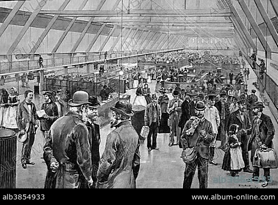 Great Hall, Ellis Island Immigration Station, USA, historic wood engraving, about 1897, North America.