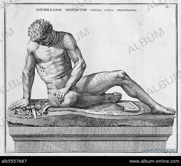 Statue eines verletzter Murmillo, myrmillo, mirmillo, mormillo, war ein schwerbewaffneter römischer Gladiator, aus dem Museum des Kapitol, aus Calcografia di Roma, historisches Rom, Italien, digitale Reproduktion einer Originalvorlage aus dem 18. Jahrhundert, Originaldatum nicht bekannt.