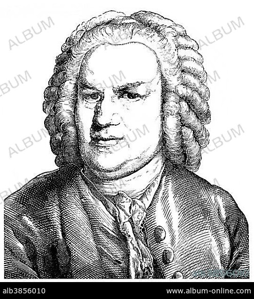 Historical drawing from the 19th century, portrait of Johann Sebastian Bach, 1685 - 1750, a German composer and organ and piano virtuoso of the Baroque.