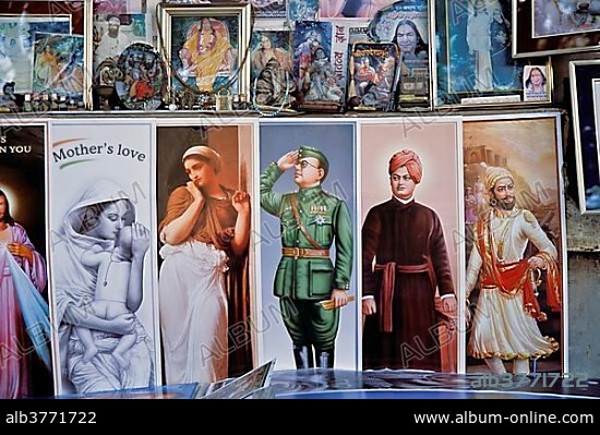 Pictures of national heroes and saints, incl. Swami Vivekananda, Subhash Chandra Bose and Shivaji Maharaj, Mumbai or Bombay, Maharashtra, India, Asia.