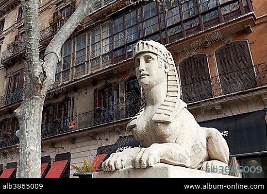Sphinx sculpture on the promenade of Paseo del Borne, Passeig des Born, Palma de Majorca, Majorca, Balearic Islands, Spain, Europe.