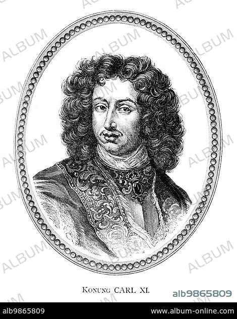 Charles XI of Sweden (Swedish: Karl XI) (24 November 1655 ? 5 April 1697) was King of Sweden from 1660 until his death, in a period in Swedish history known as the Swedish empire (1611?1718) . Engraving by Ida Falander (1842-1927), published in Starbäck, Bäckström: Berättelser ur Svenska Historien ca 1880.