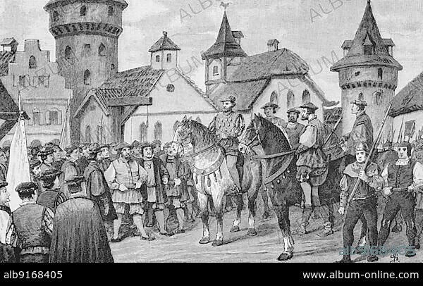 German Peasants' War, 1524-1526, Florian Geyer in Rotenburg, Florian Vulture of Giebelstadt, born around 1490, died 10 June 1525) was a Franconian imperial knight, commander of troops in the service of Margrave Albrecht of Brandenburg-Ansbach and diplomat, Historical, digitally restored reproduction of a 19th century original, exact original date unknown.