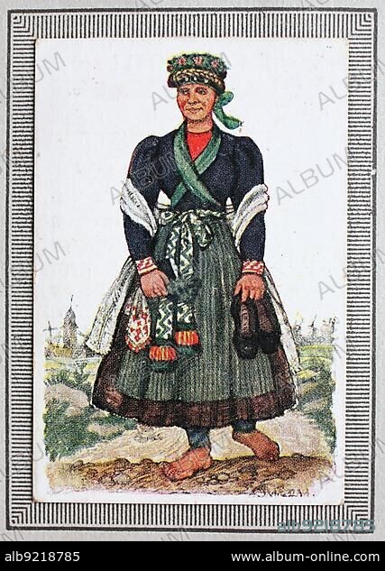 Traditional Costumes in Germany in the 19th century, East Prussia, Woman, Peasant Woman from Lithuania, Historical, digitally restored reproduction from a collector's picture from ca 1910.