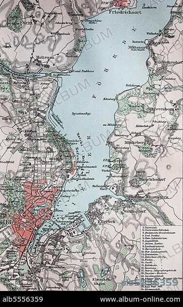 Stadtplan, city map from the year 1892: Kiel and Kieler Förde, Förde, Deutschland, digital restaurierte Reproduktion einer Originalvorlage aus dem 19. Jahrhundert.
