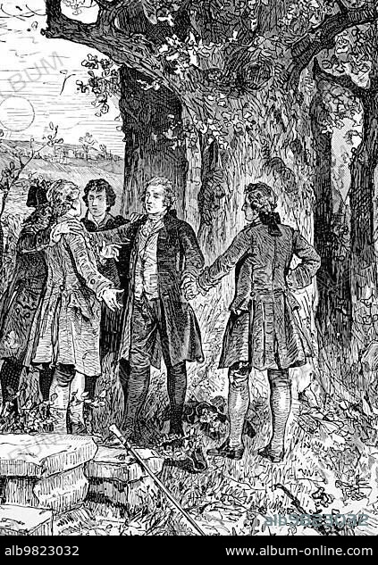 The Göttinger Hainbund was a German literary group in the late 18th century; close to nature and belonging to the Sturm und Drang; founded on 12 September 1772; Historical; digitally restored reproduction from a 19th century original.