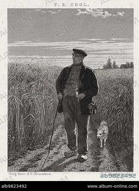 Farmer with a pipe and wooden shoes in a grain field; looking contentedly at the well-grown plants; 1865; Holland; Historic; digitally restored reproduction from a 19th century original.