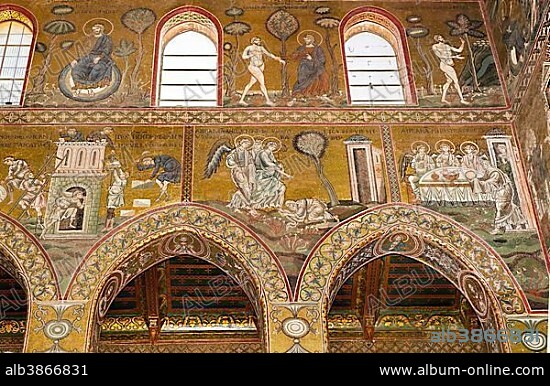 Byzantine mosaics, God rests, God leads Adam into earthly paradise, below the Tower of Babel, Abraham meets the three angels, Abraham entertains the angels, Old Testament, Monreale Cathedral or Santa Maria Nuova Cathedral, Monreale, Province of Palermo, Sicily, Italy, Europe.