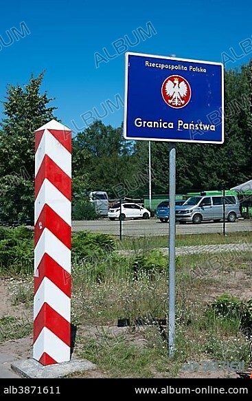 Border between Germany and Poland, Polish border post and sign, Ahlbeck, Swinemünde, Usedom Island, Mecklenburg-Western Pomerania, Germany, Poland, Europe.
