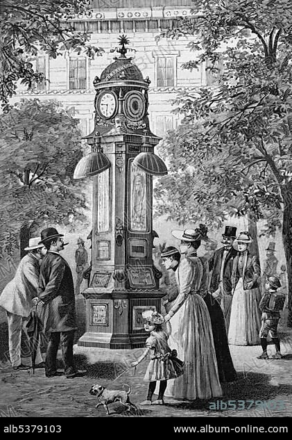 Urania clock column in Berlin, Germany, historical illustration circa 1893, Europe.