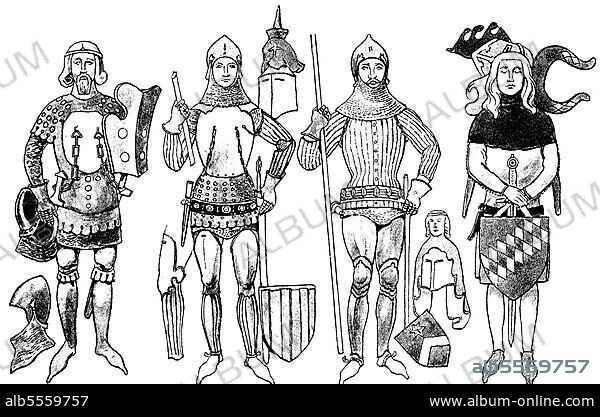 Mode, Kleidung, Deutsche Ritterkostüme im 14. Jahrhundert, von links, drei verschiedene Arten von Lentner oder Lendner, eine taillierte, gepanzerte Weste und rechts ein Ritter im Hauskleid, digital restaurierte Reproduktion einer Originalvorlage aus dem 19. Jahrhundert, genaues Originaldatum nicht bekannt.