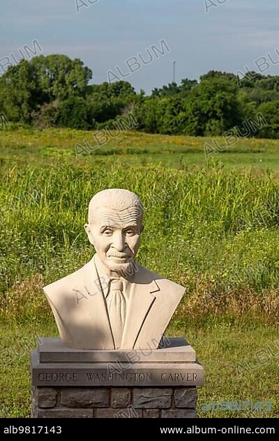 Diamond; Missouri; A bust of George Washington Carver at the George Washington Carver National Monument. The monument preserves the Moses and Susan Carver farm where Carver was born as a slave in about 1864. It was the first National Monument to honor an African-American.