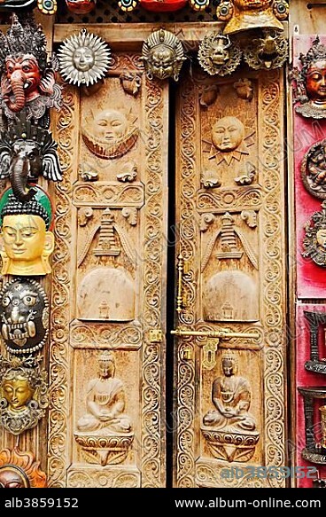 Historic wooden door in the old town of Kathmandu, Nepal, Asia.